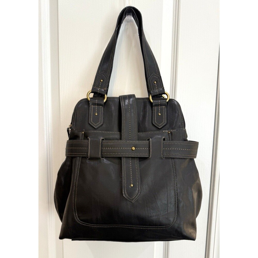 Vintage Liz Claiborne Black Faux Leather Hobo Belted Satchel Tote Purse Y2K
